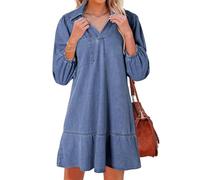 ThiCc Jean Dress for Women - Vintage Casual Babydoll V Neck Mini Denim Shirt Dresses with 3/4 Sleeves Ruffle Hem Loose A Line Solid Color for Vacation Beach Picnic Daily Wear (Ashleigh Blue,S)