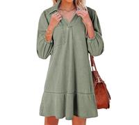 ThiCc Jean Dress for Women - Vintage Casual Babydoll V Neck Mini Denim Shirt Dresses with 3/4 Sleeves Ruffle Hem Loose A Line Solid Color for Vacation Beach Picnic Daily Wear (Green,L)