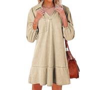 ThiCc Jean Dress for Women - Vintage Casual Babydoll V Neck Mini Denim Shirt Dresses with 3/4 Sleeves Ruffle Hem Loose A Line Solid Color for Vacation Beach Picnic Daily Wear (Khaki,L)