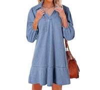 ThiCc Jean Dress for Women - Vintage Casual Babydoll V Neck Mini Denim Shirt Dresses with 3/4 Sleeves Ruffle Hem Loose A Line Solid Color for Vacation Beach Picnic Daily Wear (Beau Blue,XXL)