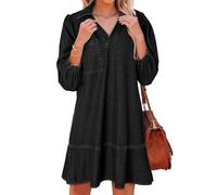 ThiCc Jean Dress for Women - Vintage Casual Babydoll V Neck Mini Denim Shirt Dresses with 3/4 Sleeves Ruffle Hem Loose A Line Solid Color for Vacation Beach Picnic Daily Wear (Carbon Grey,S)
