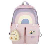 ThiCc Kawaii Backpack with Plush Pendant - Cute Rainbow Aesthetic School Backpack Large Capacity Nylon Bookbag Lightweight Durable for Middle High School Students Daily Travel (Pink)