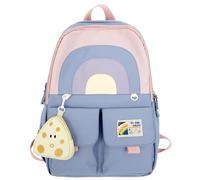 ThiCc Kawaii Backpack with Plush Pendant - Cute Rainbow Aesthetic School Backpack Large Capacity Nylon Bookbag Lightweight Durable for Middle High School Students Daily Travel (Blue)