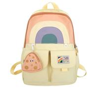 ThiCc Kawaii Backpack with Plush Pendant - Cute Rainbow Aesthetic School Backpack Large Capacity Nylon Bookbag Lightweight Durable for Middle High School Students Daily Travel (Yellow)