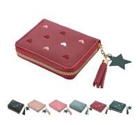 ThiCc Purse Wallet for Women - Mini Heart Embroidered Coin Purses Cute Tassel Star Pendant Solid Color PU Leather Zipper Wallets for Credit Card ID Cash Everyday Carry Gift (Red)