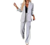 ThiCc Women's 2 Piece Blazer Outfits - Long Sleeve Comfy Oversized Jacket with Notch Lapel Pockets Wide Leg Pants Suit Side Stripe Sports Details Business Casual Dressy Workwear (XL,Light Gray)