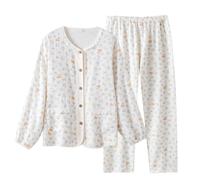ThiCc Women's 2Pcs Cotton Pajamas Set - Cute Floral Print Double-Layer Gauze Long Sleeve Crewneck Button-Up Top with Elastic Waist Pants Soft Sleepwear for Home Lounge (White,L)