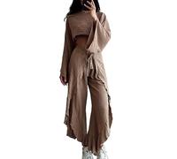 ThiCc Women's 2pcs Linen Outfits - Casual Lounge Matching Sets Loose Long-Sleeves Crop Top Blouse & High Waist Wide Leg Ruffle Pants High Split Overlay Long Palazzo Belted Capri Pants (M,Brown)