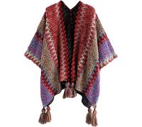 ThiCc Women's Boho Fringe Poncho - Vintage Pashmina Shawl Open Front Wrap Cape Knitted Cardigan Kimono with Tassel Mexican Style Hippie Soft Crochet Sweater Winter Warm Blanket (#1)