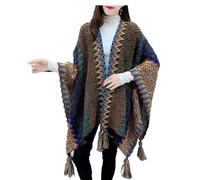 ThiCc Women's Boho Fringe Poncho - Vintage Pashmina Shawl Open Front Wrap Cape Knitted Cardigan Kimono with Tassel Mexican Style Hippie Soft Crochet Sweater Winter Warm Blanket (#18)