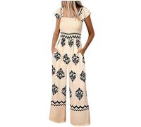 ThiCc Women's Boho Jumpsuits - Vintage Floral Wide Leg Romper High Waist Short Sleeves Square Neck Smocked One Piece with Pockets for Summer Casual Beach Travel Vacation Outfits (Beige,XL)