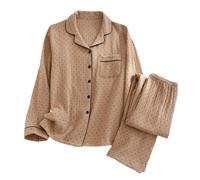 ThiCc Women's Cotton Gauze Pajamas Set - Boho 2 Piece Sleepwear Polka Dot Button Down Long Sleeve Top Loose Fit Crinkle Lounge Pants Nightwear for Home Daily Relaxing (Brown,M)