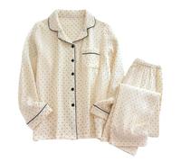 ThiCc Women's Cotton Gauze Pajamas Set - Boho 2 Piece Sleepwear Polka Dot Button Down Long Sleeve Top Loose Fit Crinkle Lounge Pants Nightwear for Home Daily Relaxing (Cream,L)