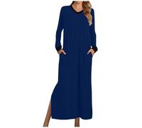 ThiCc Women's Cotton Maxi Nightgowns - Casual V-Neck Long Sleeve Nightshirt Dress with Pockets Solid Color Sleepwear Cozy Soft Pullover Loungewear Full Length Pajama Dress (XL,Navy)