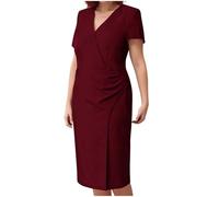 ThiCc Women's Elegant Plus Size Dress - Short Sleeve Solid Color V-Neck Midi Slim Fit Dresses Formal Professional Career Business Meeting Work Office Teacher Outfit XL-5XL (Wine,5XL)