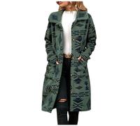 ThiCc Women's Ethnic Pattern Collared Long Jacket - Boho Single-Breasted Long Sleeve Loose Fit Aztec Fleece Coat Vintage Warm Plush Outerwear for Fall Winter Cozy Outerwear (Dark Green,M)