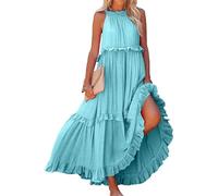 ThiCc Women's Flowy Ruffle Tiered Maxi Dress - Summer Boho Sleeveless Halter Tie Back Loose Fit Beach Long Swing Dresses Smocked Sundress for Cocktail Formal Wedding Guest (XXL,Blue)
