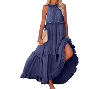 ThiCc Women's Flowy Ruffle Tiered Maxi Dress - Summer Boho Sleeveless Halter Tie Back Loose Fit Beach Long Swing Dresses Smocked Sundress for Cocktail Formal Wedding Guest (XL,Navy)