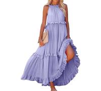 ThiCc Women's Flowy Ruffle Tiered Maxi Dress - Summer Boho Sleeveless Halter Tie Back Loose Fit Beach Long Swing Dresses Smocked Sundress for Cocktail Formal Wedding Guest (XXL,Purple)