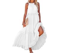 ThiCc Women's Flowy Ruffle Tiered Maxi Dress - Summer Boho Sleeveless Halter Tie Back Loose Fit Beach Long Swing Dresses Smocked Sundress for Cocktail Formal Wedding Guest (S,White)