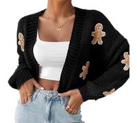 ThiCc Women's Gingerbread Pattern Drop Shoulder Crop Cardigan - Casual Cartoon Sweater Long Sleeve Loose Fit Chunky Knit Cardigan Cozy Embroidery for Fall Winter Outings (Large,Black)