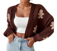 ThiCc Women's Gingerbread Pattern Drop Shoulder Crop Cardigan - Casual Cartoon Sweater Long Sleeve Loose Fit Chunky Knit Cardigan Cozy Embroidery for Fall Winter Outings (X-Large,Brown)