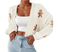 ThiCc Women's Gingerbread Pattern Drop Shoulder Crop Cardigan - Casual Cartoon Sweater Long Sleeve Loose Fit Chunky Knit Cardigan Cozy Embroidery for Fall Winter Outings (Large,Beige)