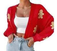 ThiCc Women's Gingerbread Pattern Drop Shoulder Crop Cardigan - Casual Cartoon Sweater Long Sleeve Loose Fit Chunky Knit Cardigan Cozy Embroidery for Fall Winter Outings (Large,Red)
