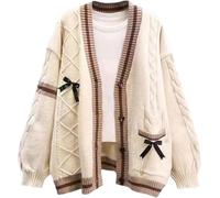 ThiCc Women's Kawaii Pinned Bow Knot Cardigans - Y2K Loose Cozy Cable Knit Sweater Cute Button Down Slouchy Open Front Outerwear Long Sleeve Knit Coat Daily Wear Japanese JK Uniform (One Size,Khaki)