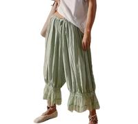 ThiCc Women's Long Bloomer Pants - Lace Trim Victorian Pantaloons Y2K Elastic Waist Maid Ruffle Pumpkin Trousers Comfortable Lounge Mid Rise Capri for Home Daily Relaxation (Green,L)