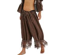 ThiCc Women's Long Bloomer Pants - Lace Trim Victorian Pantaloons Y2K Elastic Waist Maid Ruffle Pumpkin Trousers Comfortable Lounge Mid Rise Capri for Home Daily Relaxation (Brown,M)