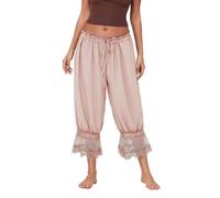 ThiCc Women's Long Bloomer Pants - Lace Trim Victorian Pantaloons Y2K Elastic Waist Maid Ruffle Pumpkin Trousers Comfortable Lounge Mid Rise Capri for Home Daily Relaxation (Light Pink,M)