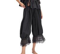 ThiCc Women's Long Bloomer Pants - Lace Trim Victorian Pantaloons Y2K Elastic Waist Maid Ruffle Pumpkin Trousers Comfortable Lounge Mid Rise Capri for Home Daily Relaxation (Black,M)