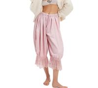 ThiCc Women's Long Bloomer Pants - Lace Trim Victorian Pantaloons Y2K Elastic Waist Maid Ruffle Pumpkin Trousers Comfortable Lounge Mid Rise Capri for Home Daily Relaxation (Pink,M)