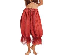 ThiCc Women's Long Bloomer Pants - Lace Trim Victorian Pantaloons Y2K Elastic Waist Maid Ruffle Pumpkin Trousers Comfortable Lounge Mid Rise Capri for Home Daily Relaxation (Red,L)
