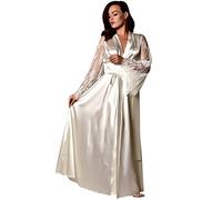 ThiCc Women's Long Silk Robes - Sexy Sheer Lace Long Sleeve Satin Sleepwear Full-Length Kimono Nightgown Lightweight Loungewear Dressing Gown for Bridal Honeymoon Boudoir (White,M)