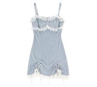 ThiCc Women's Mini Slip Dress - Y2K Sexy Lace Spaghetti Strap Short Dress with Bow Details Sweet Floral Lace Trim Casual Streetwear Sexy for Party Night Out Japanese Lolita (Blue,S)