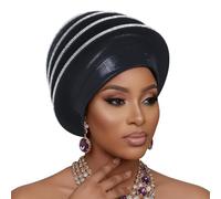 ThiCc Women's Pre-Tied Nigerian Auto Gele - Fashion Sparkly Solid Color Multi Layer Headwrap Structured Rhinestone Turban Hat for Wedding Geles Party Church Festival (Black)