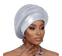 ThiCc Women's Pre-Tied Nigerian Auto Gele - Fashion Sparkly Solid Color Multi Layer Headwrap Structured Rhinestone Turban Hat for Wedding Geles Party Church Festival (White)