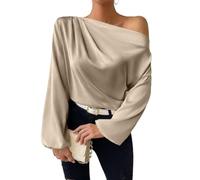 ThiCc Women's Satin Off The Shoulder Top - Elegant Asymmetrical Neck Long Sleeve Ruched Blouse Dressy Casual Silk Shirt for Party Work Office Night Out Trendy Pullover Tunic