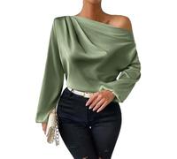 ThiCc Women's Satin Off The Shoulder Top - Elegant Asymmetrical Neck Long Sleeve Ruched Blouse Dressy Casual Silk Shirt for Party Work Office Night Out Trendy Pullover Tunic (Green,XL)