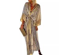 ThiCc Women's Shiny Kimono Midi Dress - Summer Elegant Vacation Beachwear Mid-Sleeve Cardigan Bathing Suit Swimwear Bikini Cover Up Party Cocktail Wedding Guest Sarongs (Gold,XL)