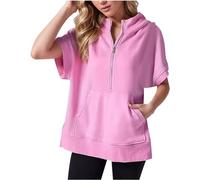 ThiCc Women's Short-Sleeve Oversized Hoodies Sweatshirts - Summer Casual Half-Zip Solid-Color Cap-Sleeve Y2k Pullover Tops with Kangaroo Pocket Y2K Teens Outfit (L,Pink)