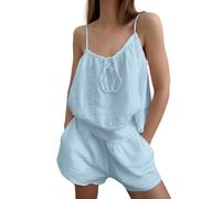 ThiCc Women's Sleepwear Set with Built-in Bra - Y2K Cami Pajama Set Bow Tie U Neck Tank Top Elastic Waist Shorts Solid Colour Loungewear for Summer Night Bedroom Homewear (Blue,M)