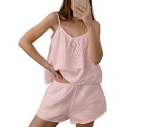 ThiCc Women's Sleepwear Set with Built-in Bra - Y2K Cami Pajama Set Bow Tie U Neck Tank Top Elastic Waist Shorts Solid Colour Loungewear for Summer Night Bedroom Homewear (Pink,M)