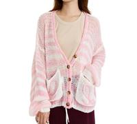 ThiCc Women's Striped Cardigan Sweaters - Lazy Chic Loose Fit Crochet Knit V-Neck Sweater Color Block Button Down Long Sleeve Open Front Knitwear Cozy Casual Outerwear (Pink,L)