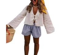 ThiCc Women's Tie Front Linen Top - Y2K Coquette Shirt Bell Long Sleeve Deep V Neck Solid Loose Blouse Summer Casaual Vintage Boho Tees for Vacation Beachwear Going Out Streetwear (M,White)
