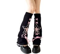 ThiCc Y2K Leg Warmers for Women - Cute Bow Ribbon Star Patterned Bell-Bottom Knitted Sock Covers Stylish Spicy Girls Leg Accessories Trendy Y2K Aesthetic Kawaii Streetwear (Black+pink)
