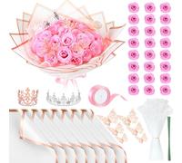 Thiccywoov 24 Pcs Glitter Roses Bouquet Gifts Artificial Rose DIY Flower Bouquet Kit Birthday Gifts Flower Wrapping Paper 3D Butterflies Crowns for Anniversary (Pink)