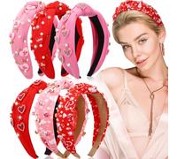 Thiccywoov 6 Pack Valentines Day Headband Bulk Pearl Crystal Gemstone Heart Knotted HeadBand For Women Pink Red Wide Top Knot Headband Fashionable Retro Headbands Valentine Party Head Accessories